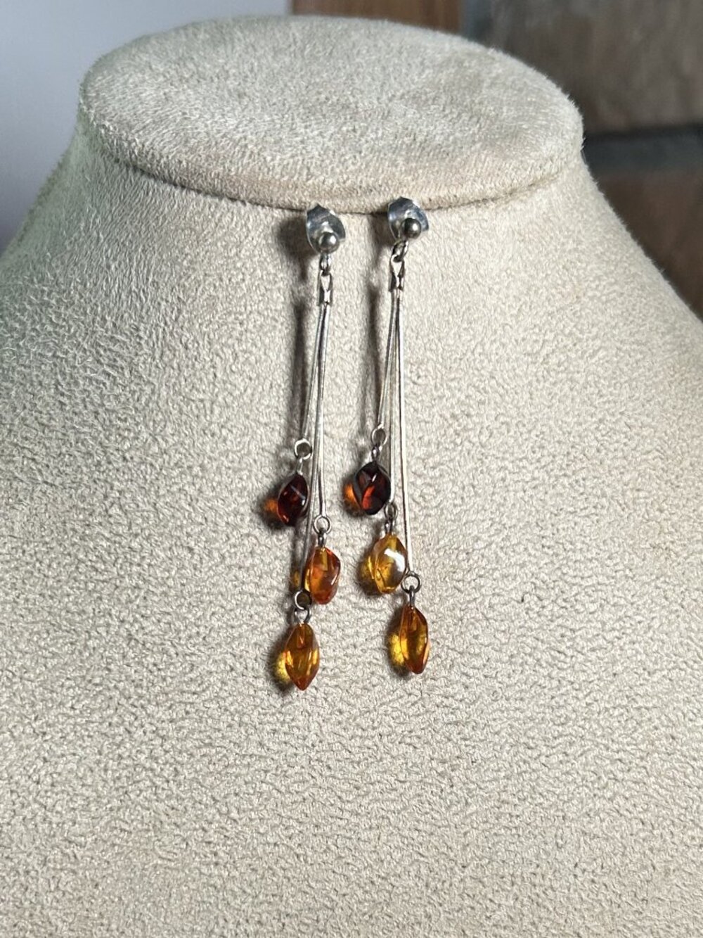 Sterling Silver 925 Baltic Amber Multi Strand Dangle Earrings Vintage